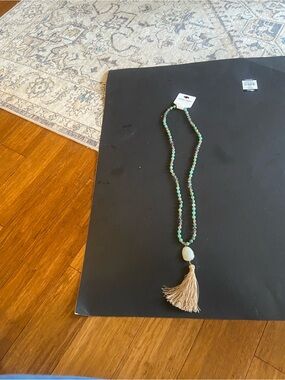 Ashley Cooper Beaded Tassel Necklace in Aqua and Beige
